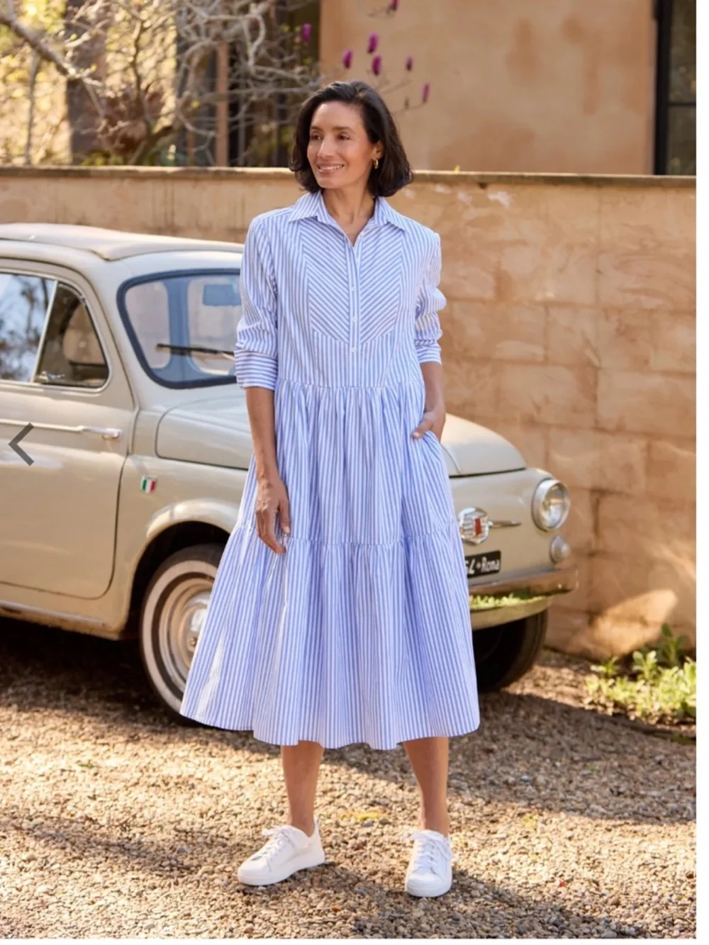 Maye Jasmine Shirt Blue and White Striped Collared Tiered Midi Dress 100% Cotton - Picture 2 of 11